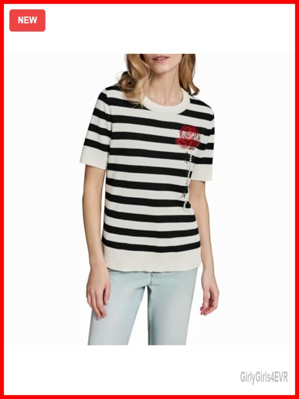 Karl Lagerfeld Pearl Detail Sequin Flower Stripes Sweater